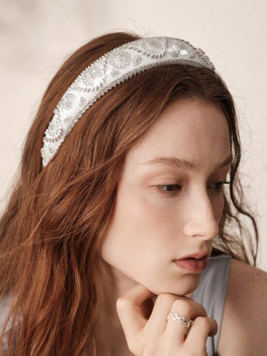 White Sequin Beaded Floral Headband
